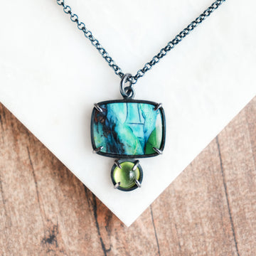 Blue Opalized Petrified Wood & Prehnite Necklace